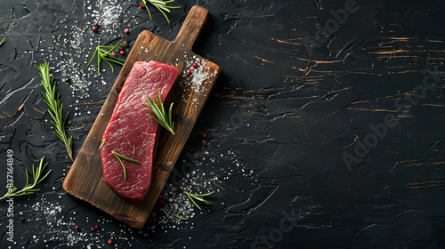 Raw beef steak on wooden board with rosemary and salt, isolated on dark background