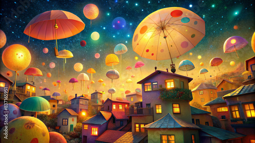Umbrellas and orbs float magically above a whimsical city under a starry night sky, lending the scene a dreamy and enchanting feel.AI generated.