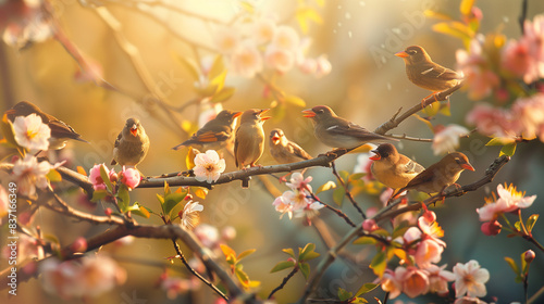 Flock of birds are singing happily on the branches of a tree with spring flower blossoms and sun light , spring season background -