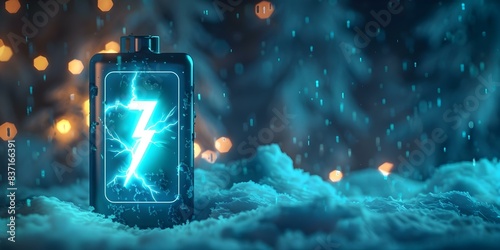 Lithium ion battery with a lightning bolt icon abstract snow illuminated with neon teal light battery shape on dark. Concept Lithium Ion Battery, Lightning Bolt Icon, Abstract Snow, Neon Teal Light