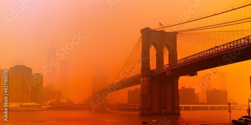 The Brooklyn Bridge in orange smog from Canadian wildfires a veiled beauty. Concept Nature, Climate Change, Pollution, Beauty, Urban Landscape