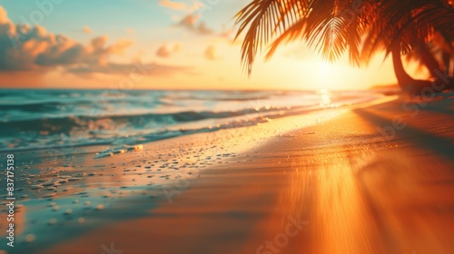 Summer blurred natural panoramic background of tropical beach with palm trees and golden sand at sunset