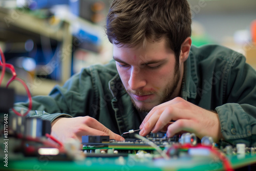 In a well-equipped lab, an electronics engineer focuses intently on soldering tiny components on a circuit board, a testament to precision and skill