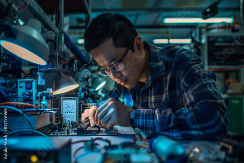 An electronics engineer, surrounded by sophisticated equipment in a lab, is meticulously soldering components on a circuit board, showcasing the intricate process of creating elect