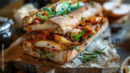 artisanal kimchi and pear sandwich, combining sweet and spicy flavors on a crusty ciabatta loaf, perfect for a fall menu