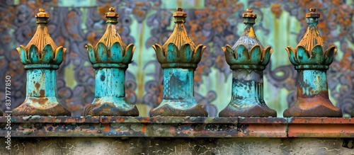 Close-up of ornate, weathered metal spires with a copper and verdigris patina, showcasing intricate details and rich textures. Vintage architectural detail concept.
