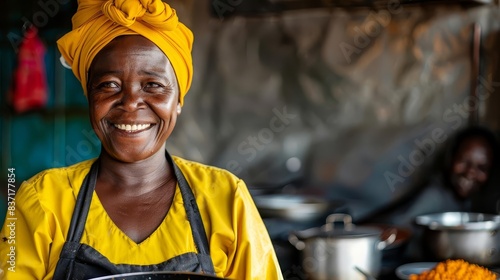 traditional african female chef holding pot of meal smiling at camera cultural cuisine portrait