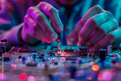 An electronics engineer, in the midst of a high-tech lab, is carefully soldering components on a circuit board, an activity that highlights the precision and care needed