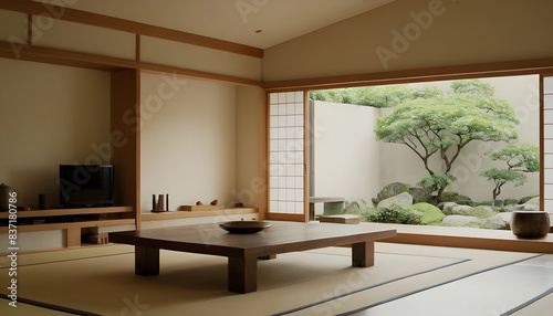 Tranquil japanese living room with tatami mats, low table, and picturesque zen garden view