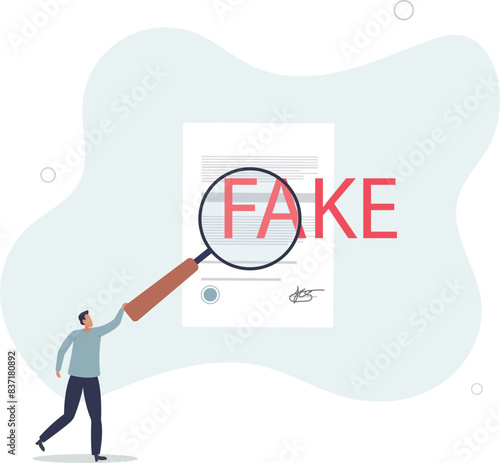 smart businessman inspector using magnifying glass to verify fake document.flat vector illustration.