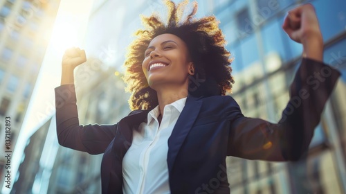 African American professional woman smiling brightly and raising her hands in celebration indoors. Her joyful demeanor and confident posture highlight her business success.