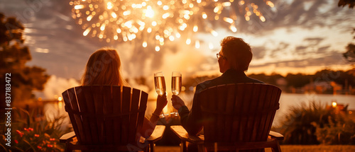 Happy couple sitting on lawn chairs, toasting with glasses of champagne while watching fireworks burst in the sky