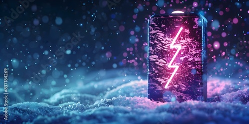 Lithium ion battery with a lightning bolt icon abstract snow illuminated with neon indigo light battery shape on dark. Concept Technology, Energy Storage, Snowy Landscape, Neon Lighting