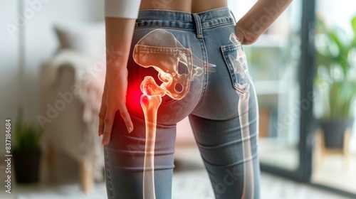 a person experiencing hip pain, overlaid with a red hologram and joint diagram