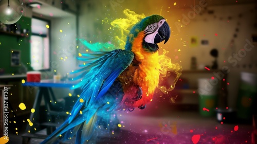 A photo of a parrot whose plumage comes to life and turns into bright colors, creating a carnival mood in the room. --no text, titles, --ar 16:9 --quality 0.5 --stylize 0 Job ID: ef0382ec-2ba3-4160