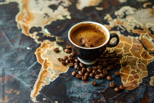 global coffee beans. premium selection from around the world, served on world map background