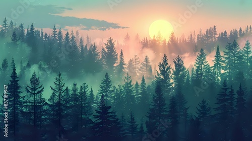 a misty forest scene at twilight, with the sun setting behind a line of tall, dark green trees and the sky transitioning from day to night