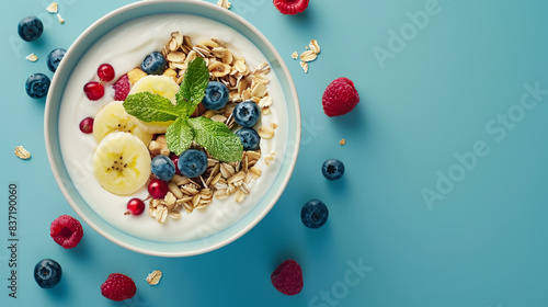 Healthy breakfast with muesli, yogurt and fresh berries on blue background, top view