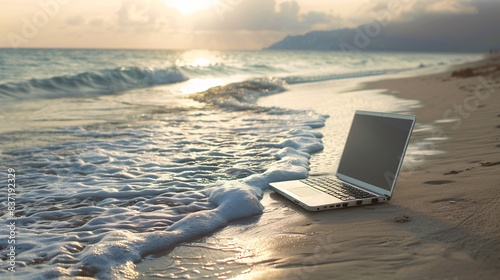 A laptop sitting on a sandy beach, with waves gently lapping at the shore in the background