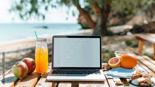 A laptop with a blank screen placed on a beachside picnic table, with refreshing drinks and snacks nearby for a relaxing work break