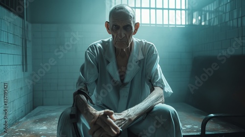 Aged man with a grim expression seated on a bench in a bleak, dimly lit prison cell, reflecting themes of isolation and despair