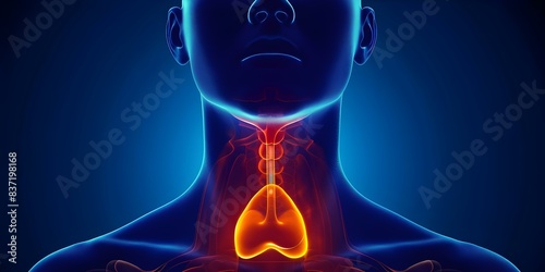 Image of person with highlighted thyroid gland showing symptoms of hypothyroidism. Concept Anatomical illustration of hypothyroidism, Thyroid gland dysfunction, Common symptoms of hypothyroidism