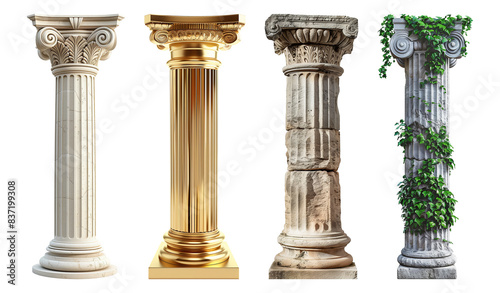 Set of columns pillars isolated on transparent background