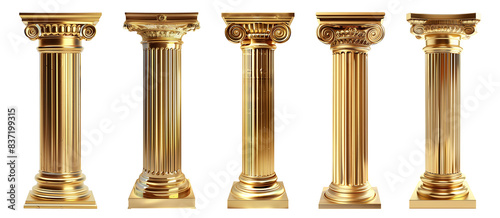 Golden columns, Classic antique gold pillars isolated on transparent background