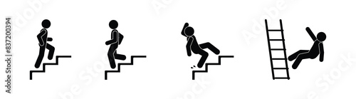 man and ladder icon, stick figure stickman, isolated vector symbol, warning sign falling from steps