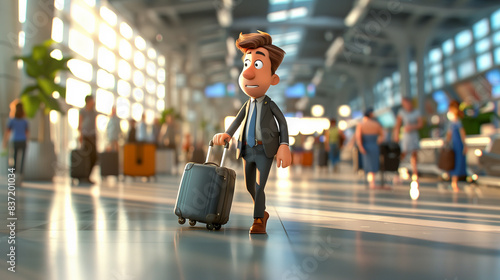 3D Illustration of a Cartoon Businessman at an Airport