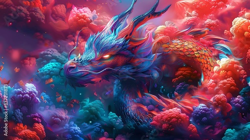 A mystical dragon surrounded by magical creatures on a solid bright neon pink background