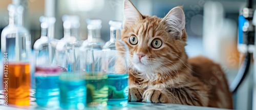 Curious orange cat gazes at colorful lab beakers, blending science and feline wonder. Ideal for education or science-themed content.