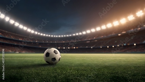 soccer ball on stadium, green field, sports, football background