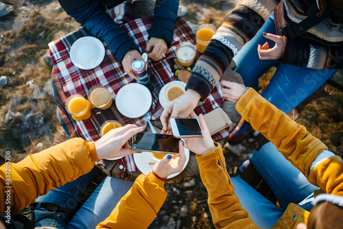 Vista cenital de picnic de amigos con alimentos y bebida conectando sus teléfonos inteligentes