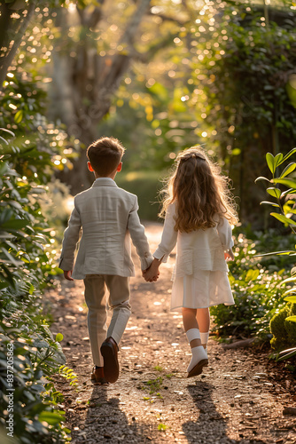 niño y niña vestidos de fiesta corriendo en la ciudad jardín en su dia de primera comunión católico