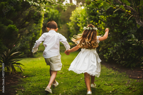 niño y niña vestidos de fiesta corriendo en un jardín en su dia de primera comunión católico