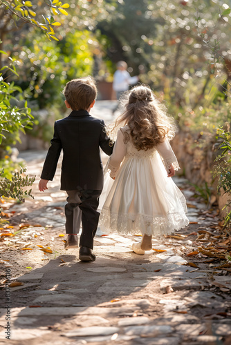 niño y niña vestidos de fiesta corriendo en un jardín en su dia de primera comunión católico