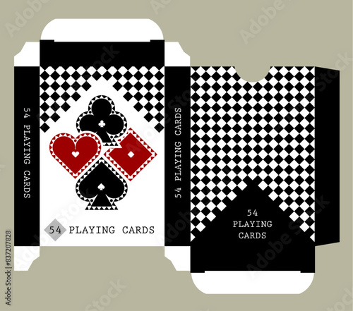 Playing card tuck box template design with suit symbols and chess background in modern style. Vector illustration.