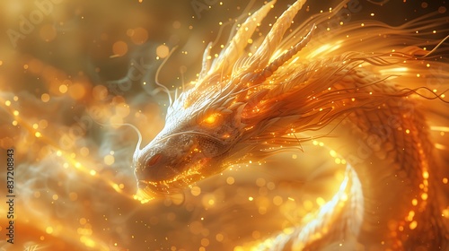 A mystical dragon with glowing lights on a solid bright tangerine yellow background