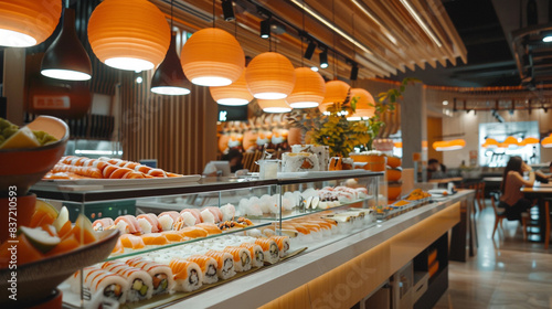 Sushi bar with different types of sushi and sashimi in a modern restaurant, featuring a fast food concept, Japanese cuisine at the mall