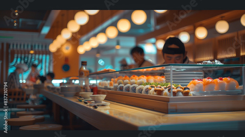 Sushi bar with different types of sushi and sashimi in a modern restaurant, featuring a fast food concept, Japanese cuisine at the mall