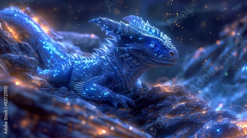 A mystical dragon with glowing stars on a solid bright sapphire background