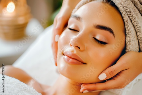 A serene woman enjoying a relaxing spa facial treatment. Her eyes are closed as she experiences wellness and rejuvenation at a beauty salon.