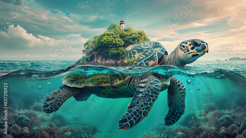 A tortoise with a green island with a lighthouse on its shell floating in the ocean, Save the earth concept