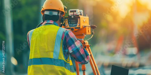 Surveyor builder worker Engineer with theodolite transit equipment at construction site outdoors, surveying and topographic work