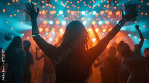 Happy people dance in nightclub DJ party concert and listen to electronic dancing music from DJ on the stage. Silhouette's cheerful crowd celebrates the Ne Year party in 2025. People lifestyle design.