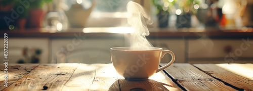a steaming cup of tea on a rustic wooden table with a soft focus background of a cozy kitchen