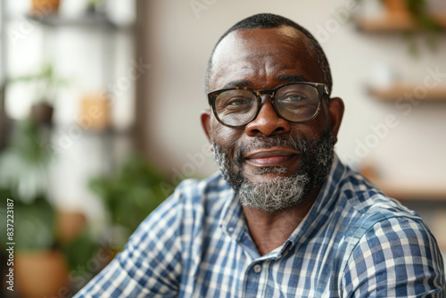 Smiling male candidate during a job interview with office setting in background. Business portrait of middle aged black man