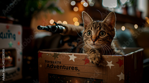 A child holding a telescope, peeking out from a box labeled "Stargazing Adventures," their cat perched on their shoulder, ready to explore the night sky in their new home