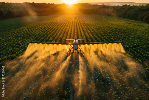 Golden light bathes a crop-dusting drone soaring over emerald fields at sunrise.